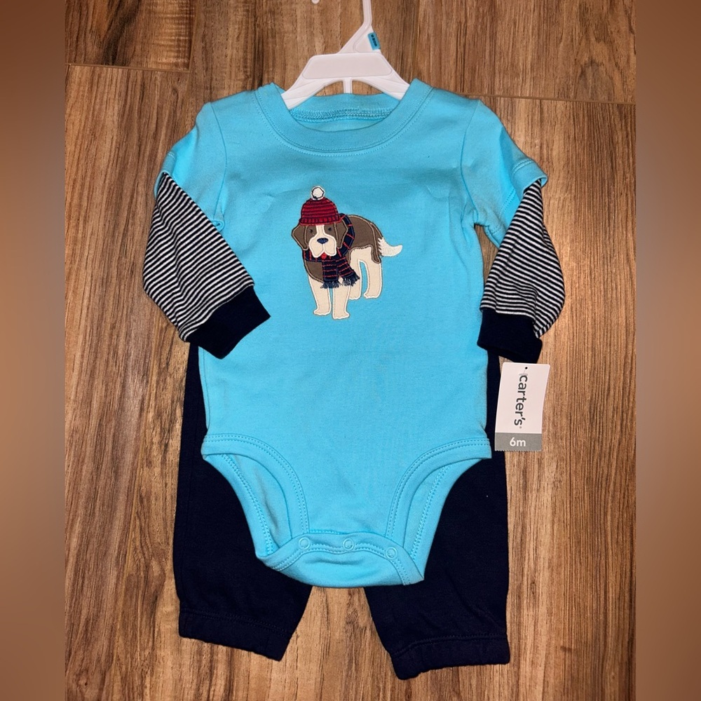 NEW WITH TAGS Carter's Light Blue Baby One-Piece with Puppy Appliqué & Pants 6m